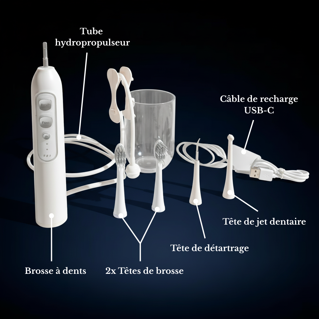 Brosse à dents 2 en 1 - Brossage + Jet dentaire